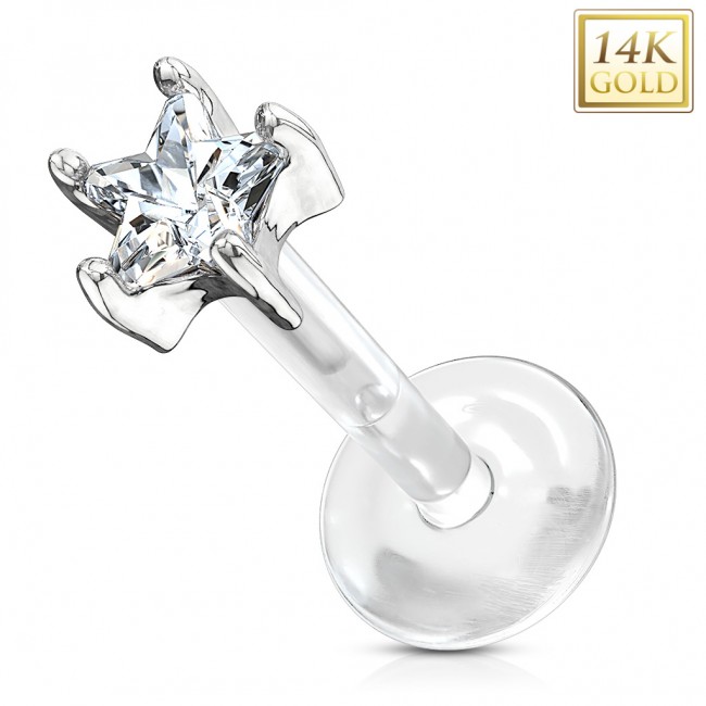 Piercing labret Star Or blanc 14 carats flexible PTFE  - clair