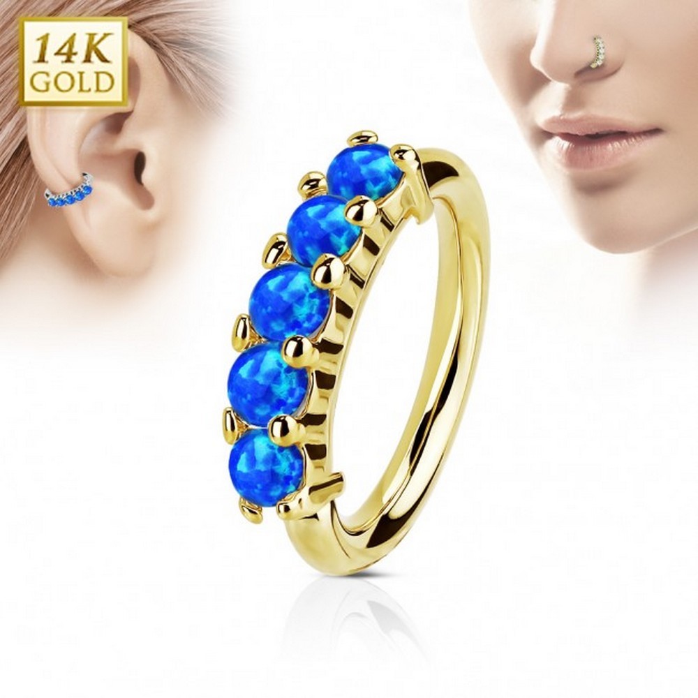 Piercing CBR hoop en or 14 carats série Opale   - Or jaune/Opal bleu