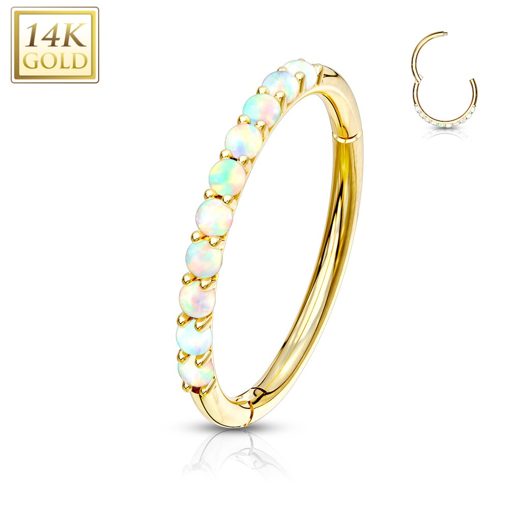 Piercing anneau segment à segment articulé, demi-cercle pavé d'opale ebn or 14 carats - Or jaune / Opal blanc