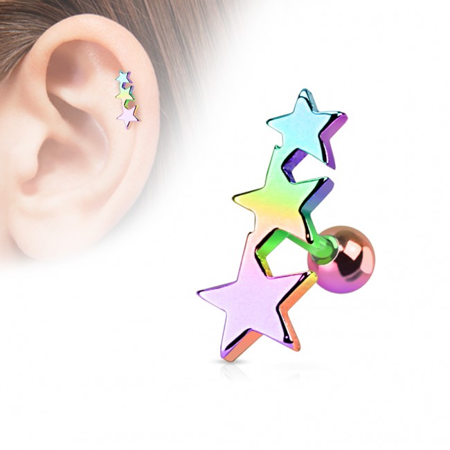 Piercing tragus cartilage Trois Étoiles- couleur Rainbow