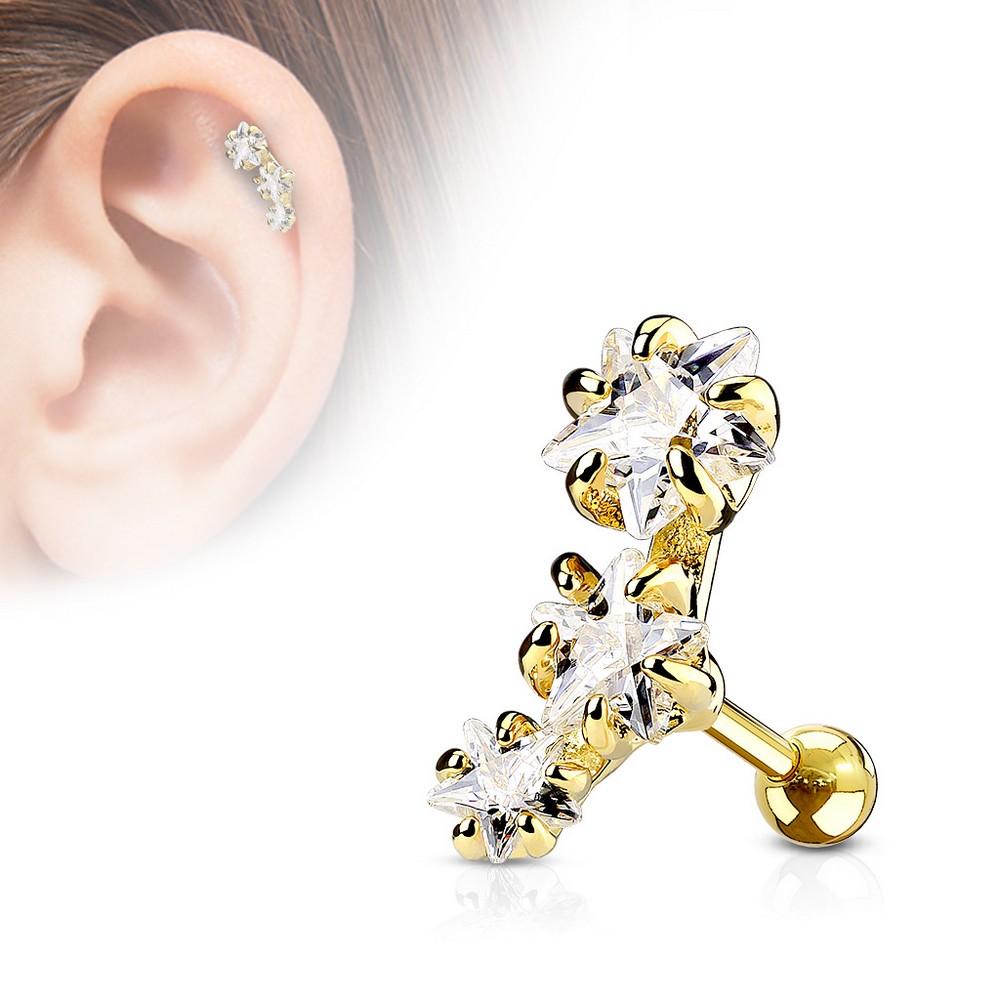 Piercing tragus cartilage Étoile Triple Jeu CZ- couleur Gold/clair