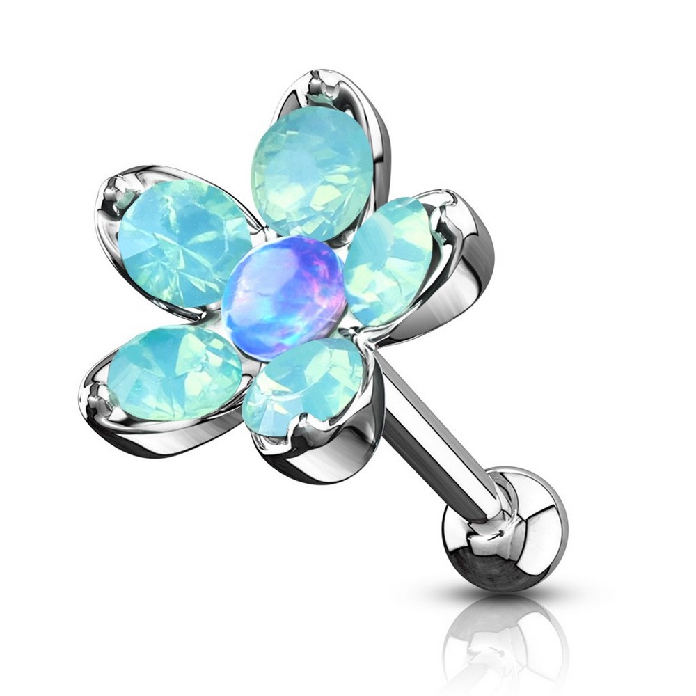 Piercing cartilage tragus opalite avec opale fleurs - Opal bleu