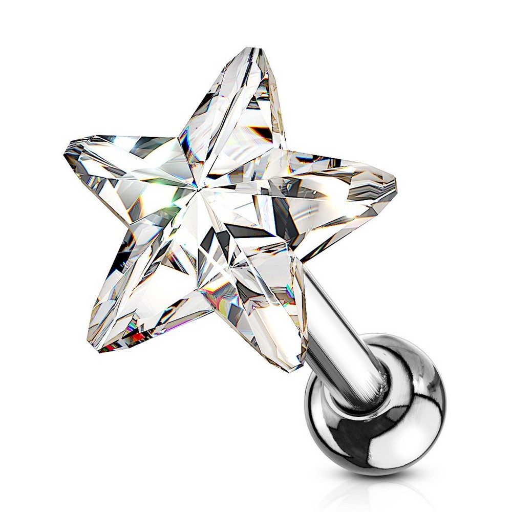 Piercing cartilage tragus crystal top star acier 316L - clair