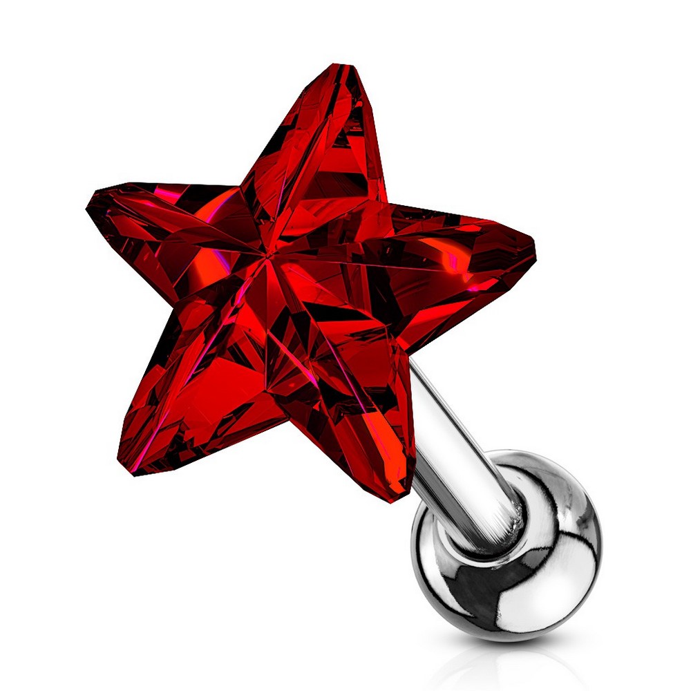 Piercing cartilage tragus crystal top star acier 316L - rouge