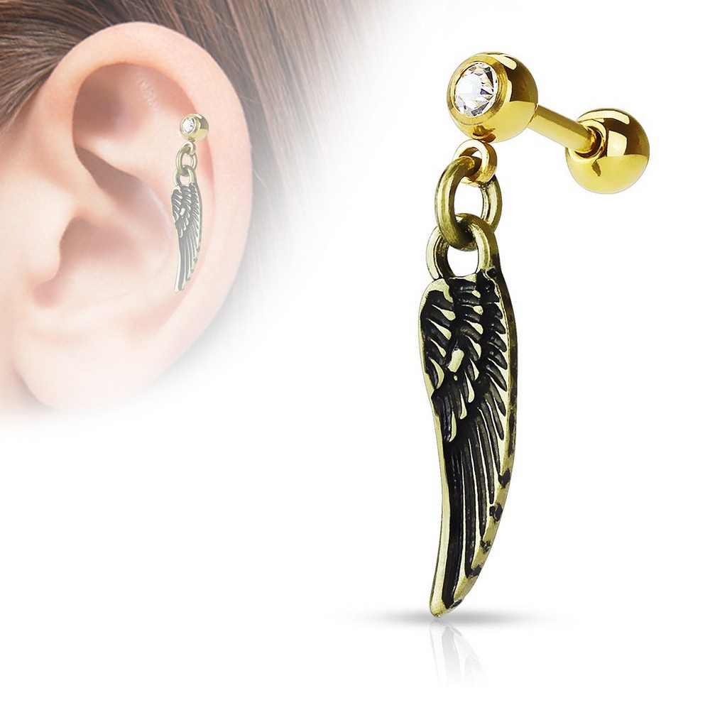Piercing tragus cartilage Angel Wing Dangle - couleur Gold/clair