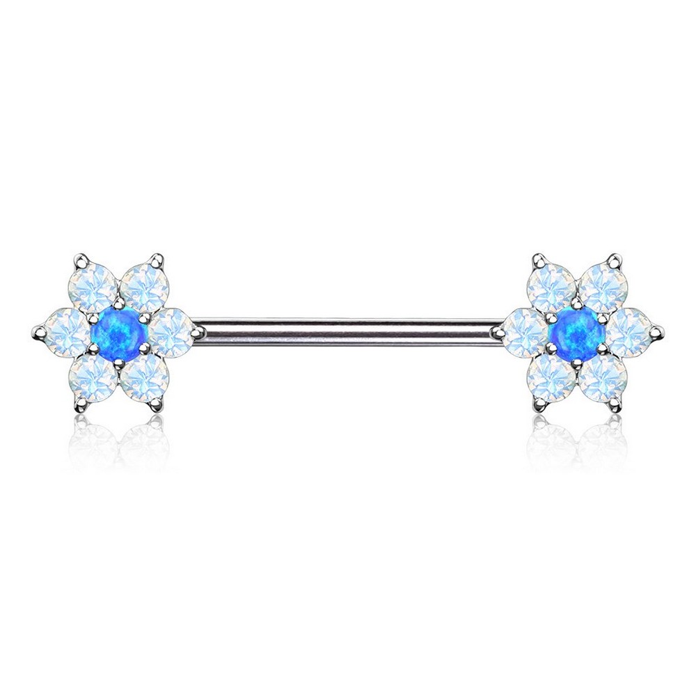 Piercing poitrine opalite avec pétales de fleurs centre opale sur les deux extrémités en acier chirurgical 316L - Opal bleu