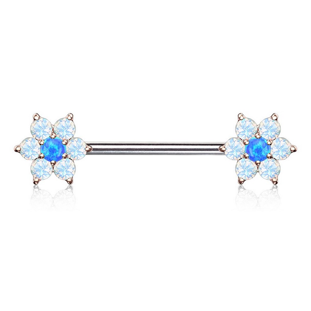 Piercing poitrine opalite avec pétales de fleurs centre opale sur les deux extrémités en acier chirurgical 316L - Rose Gold/Opal bleu