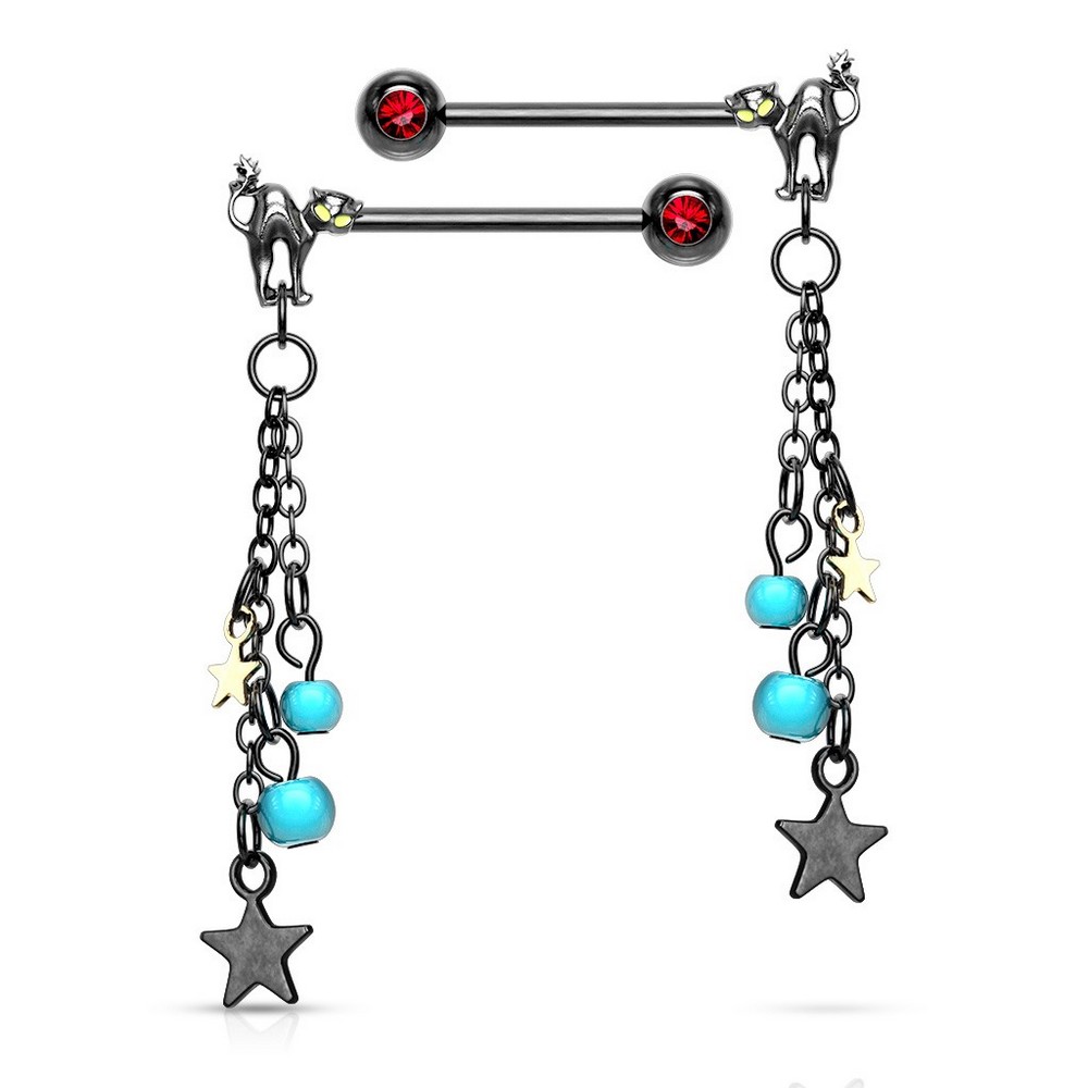 Piercing poitrine paire de chat avec perles turquoise et star dangle avec red gemmed mis fin en acier chirurgical 316L - noir