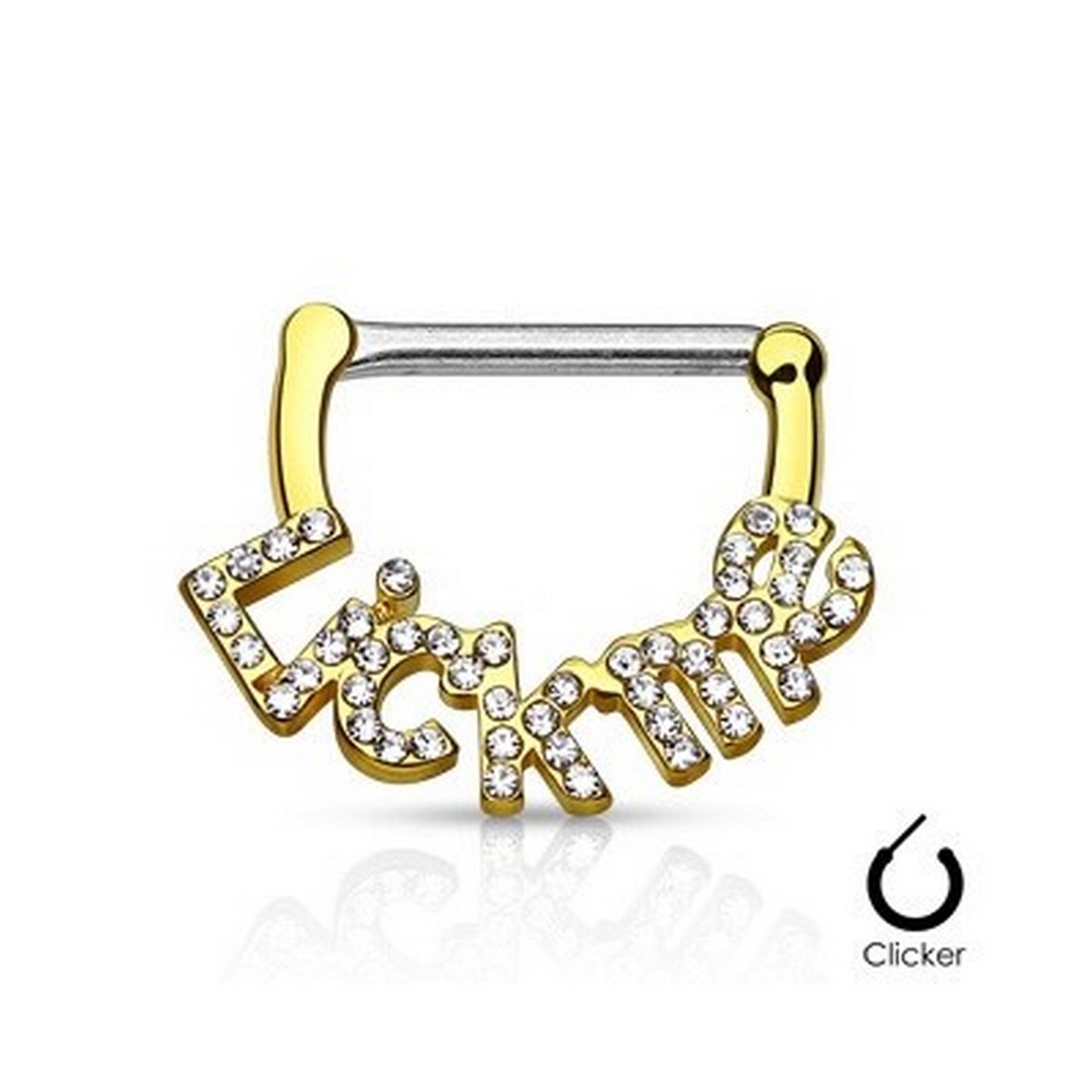 Piercing poitrine clicker Pavée de cristal "Lick Me" en acier chirurgical 316L  -  Gold/Clair