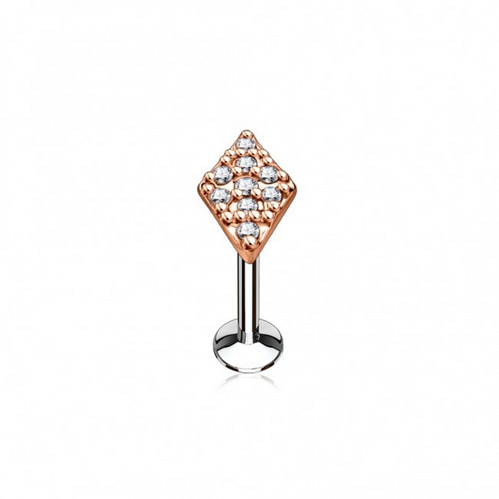 Piercing labret CZ Diamant pavée Haut interne filetés goujons  - Rose Gold/clair