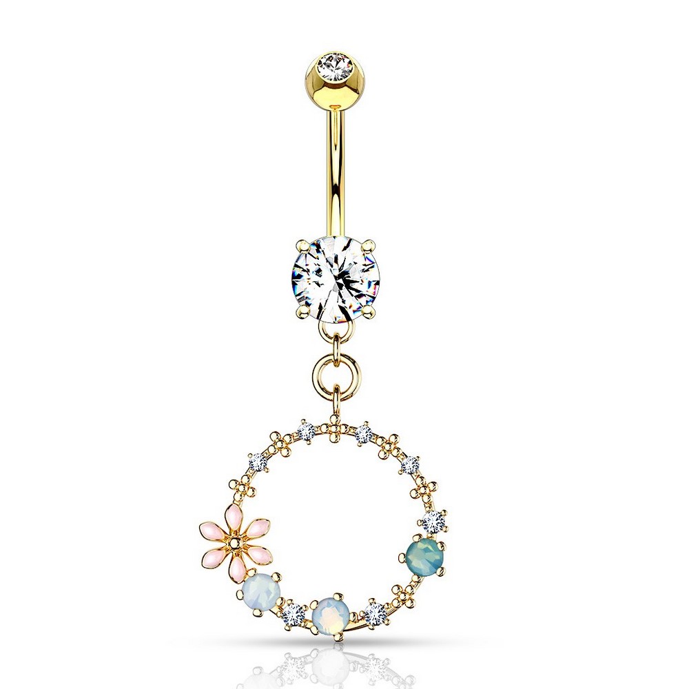Piercing nombril jeweled set double volet avec des fleurs et pierre opalite circulaire set dangle - Gold/clair