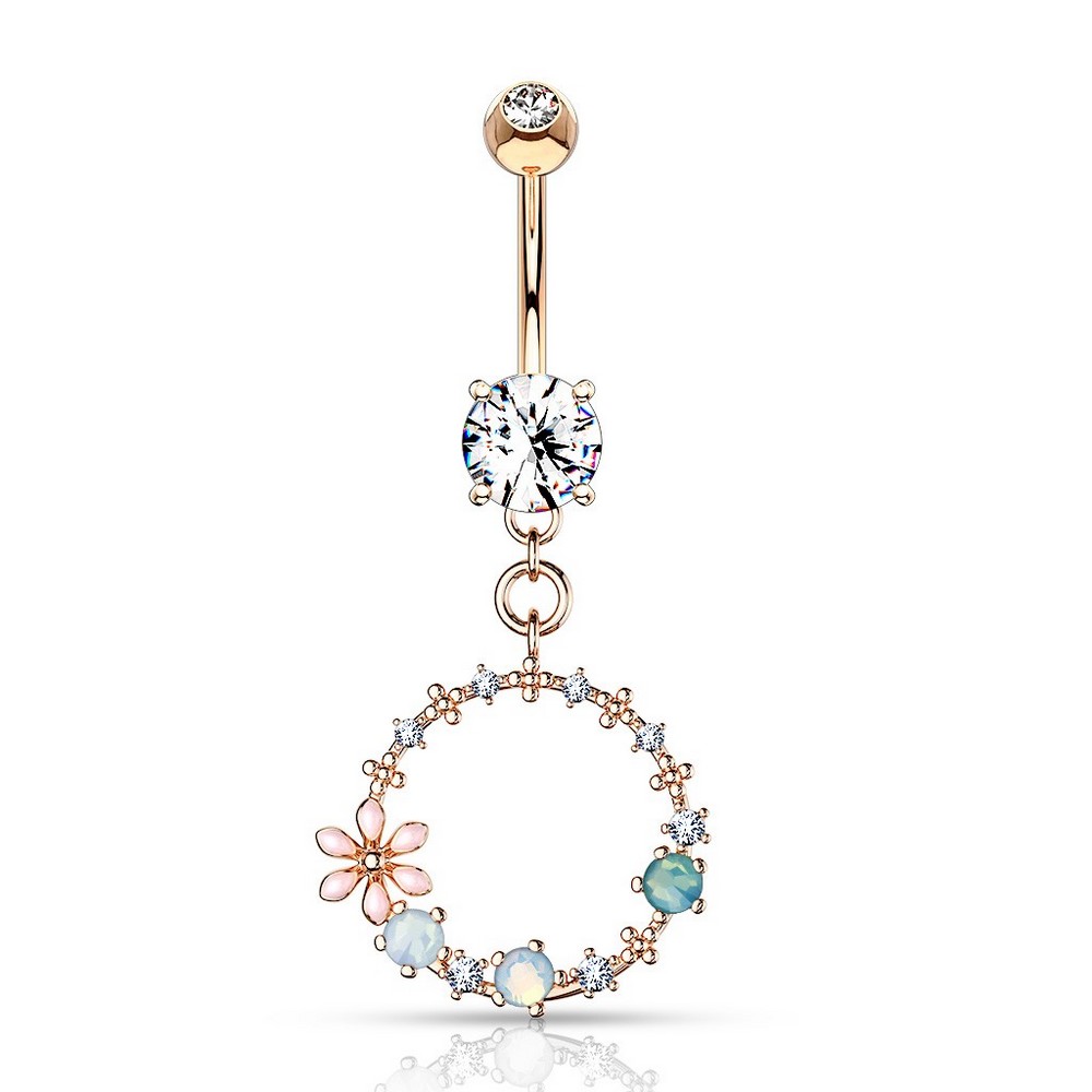 Piercing nombril jeweled set double volet avec des fleurs et pierre opalite circulaire set dangle - Rose Gold/clair