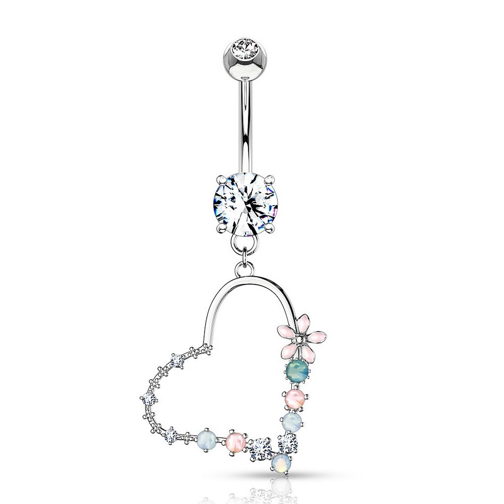 Piercing nombril jeweled set double volet avec des fleurs et pierre opalite heart set dangle - clair
