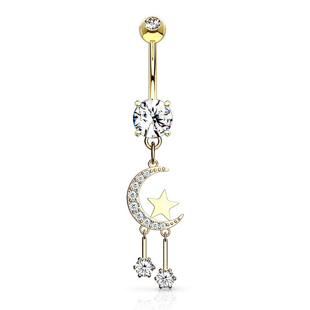 Piercing nombril cz ouvert croissant de lune et étoile avec cz rond acier chirurgical 316L - Gold/clair