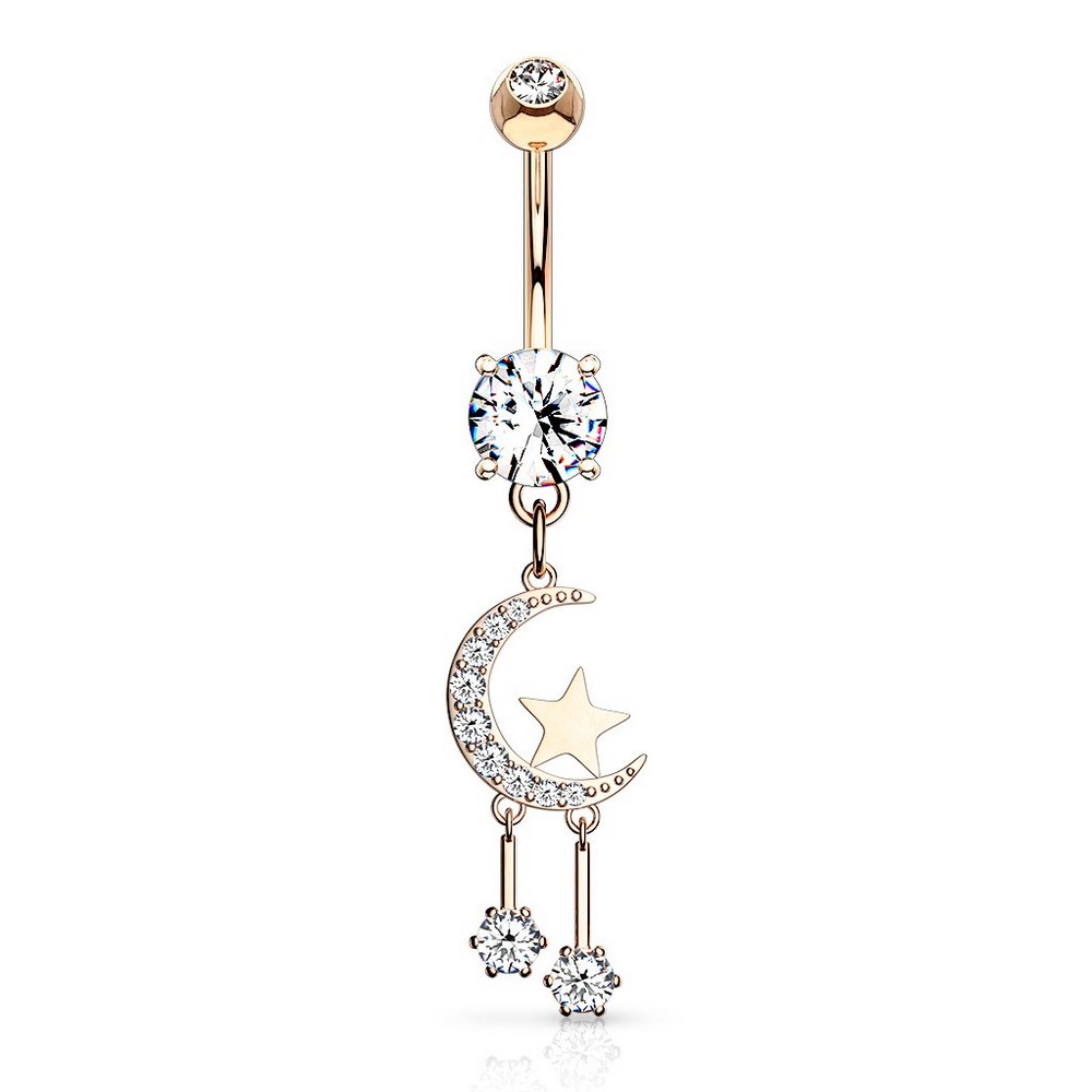 Piercing nombril cz ouvert croissant de lune et étoile avec cz rond acier chirurgical 316L - Rose Gold/clair