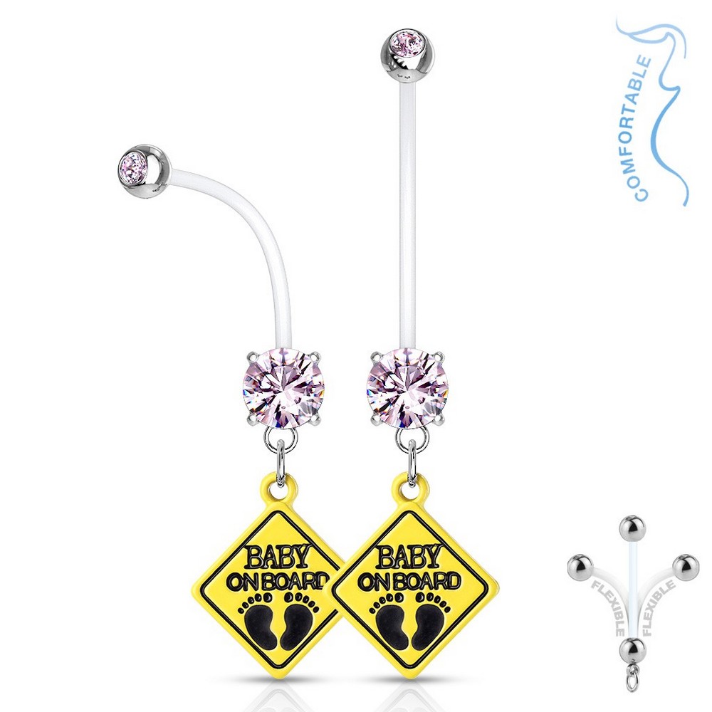 Piercing nombril jeweled set double broche ronde cz avec signe bébé à bord grossesse bioflex - rose
