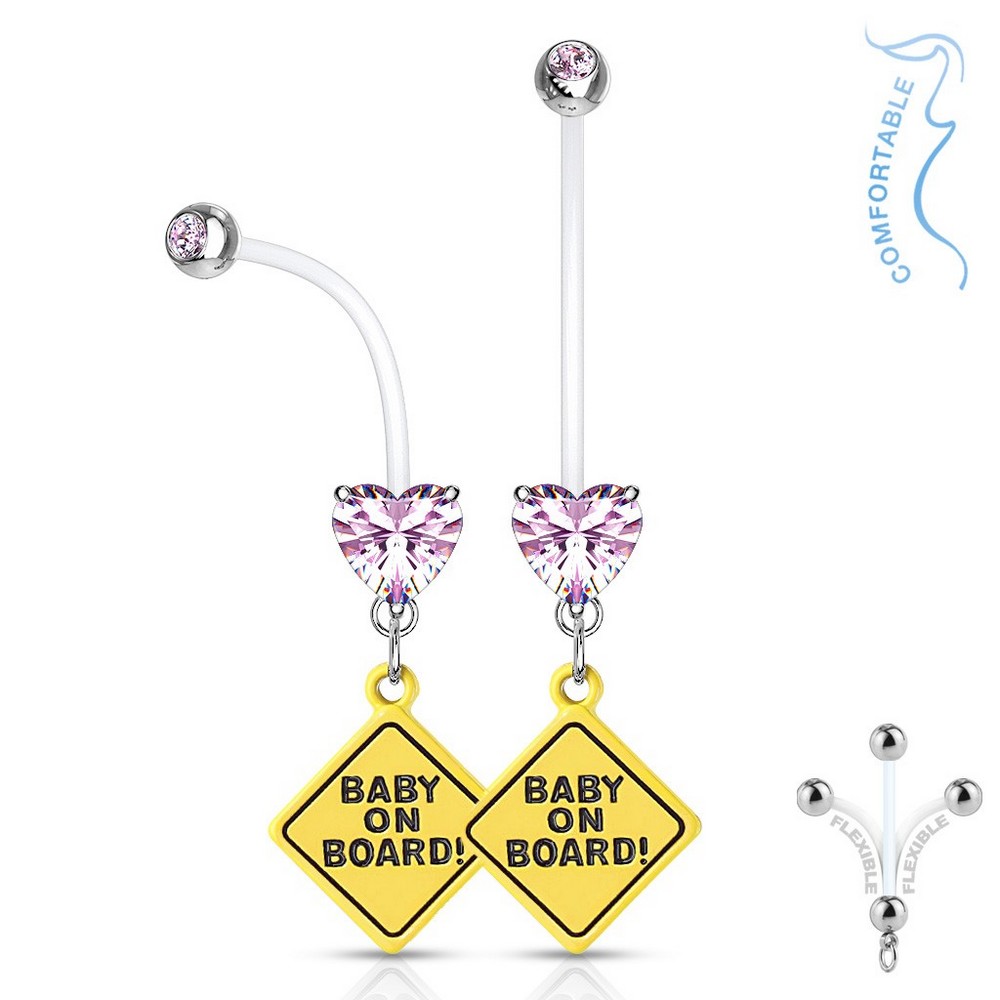 Piercing nombril jeweled set double broche ronde cz avec signe bébé à bord grossesse bioflex - rose
