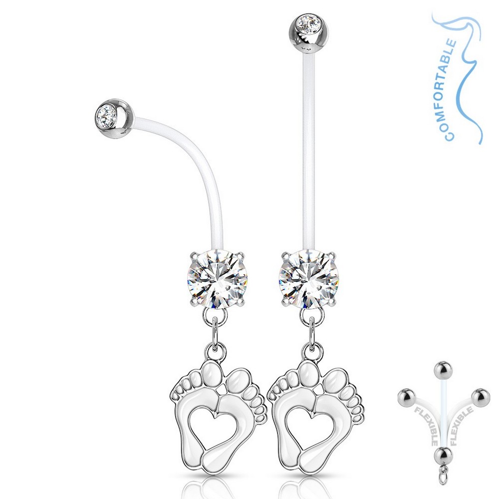 Piercing nombril jeweled set double broche ronde cz avec coeur pieds bébé grossesse dangle bioflex - clair