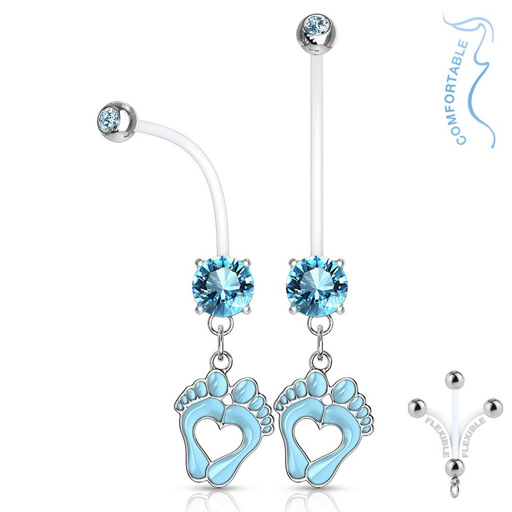 Piercing nombril jeweled set double broche ronde cz avec coeur pieds bébé grossesse dangle bioflex - Aqua