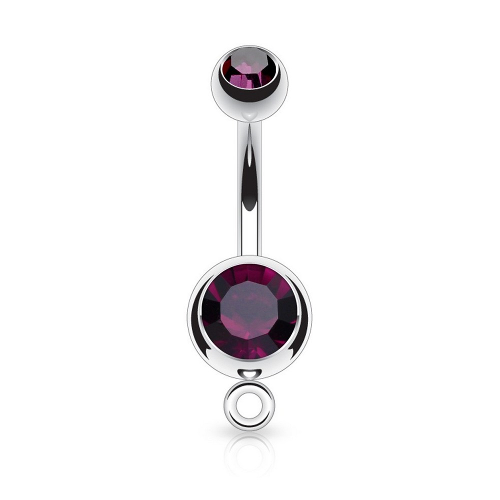 Piercing nombril  double gem base pendentif violet en acier chirurgical 316L