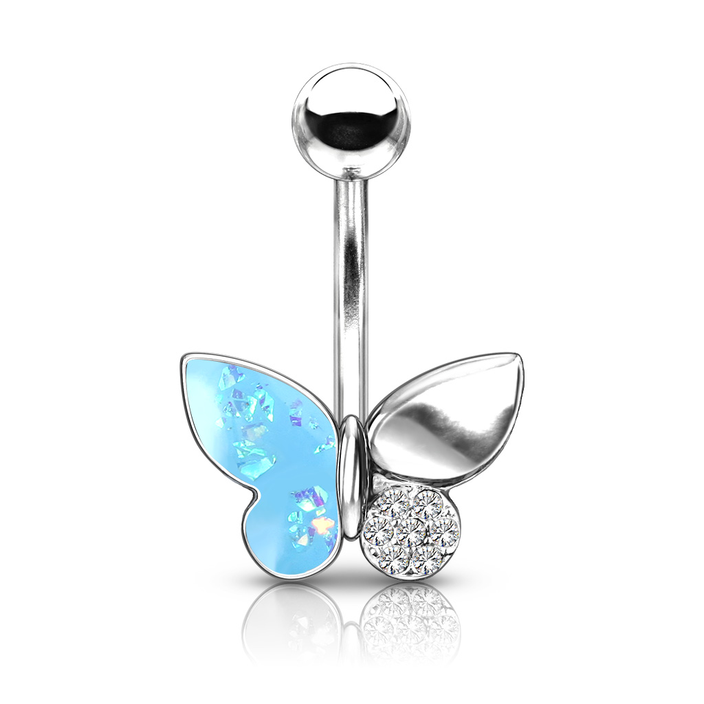 Piercing nombril Papillon avec ailes de paillettes opale et cristaux - Aqua