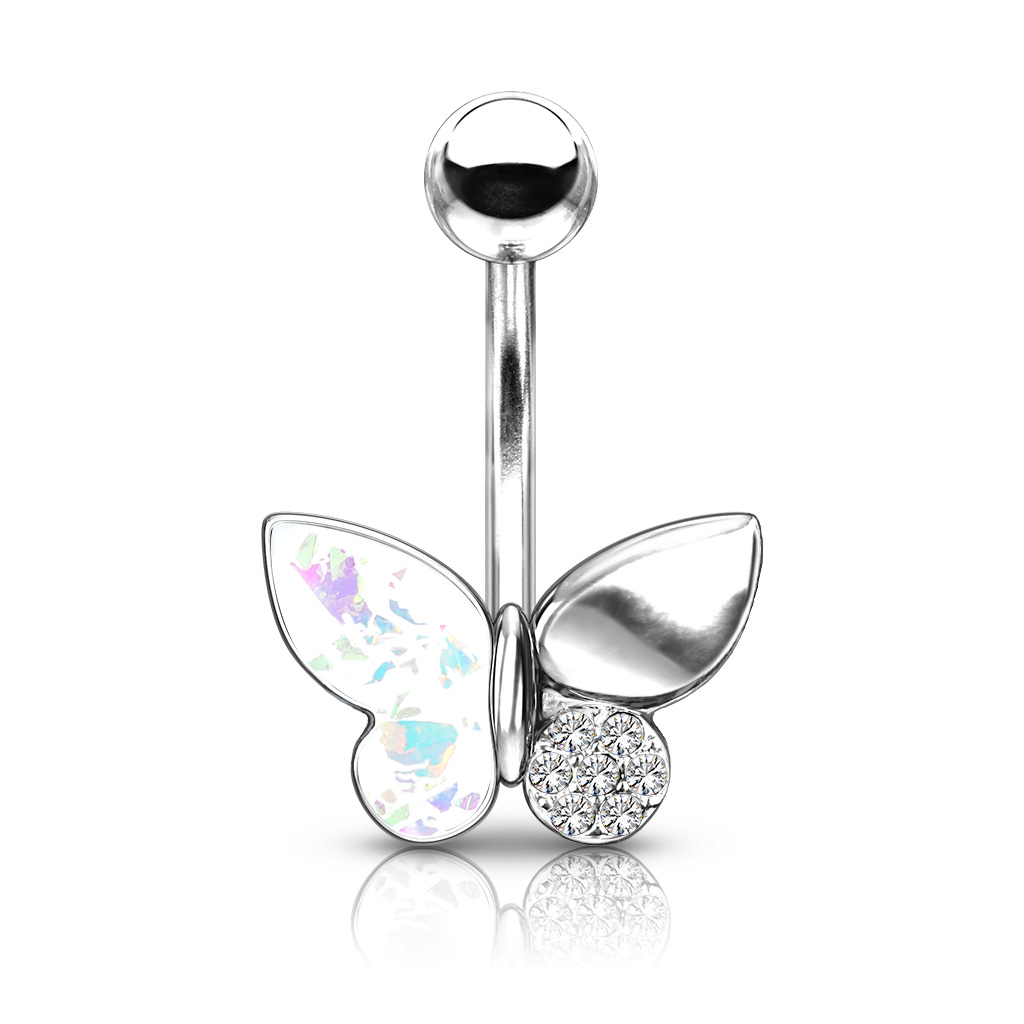 Piercing nombril Papillon avec ailes de paillettes opale et cristaux - blanc