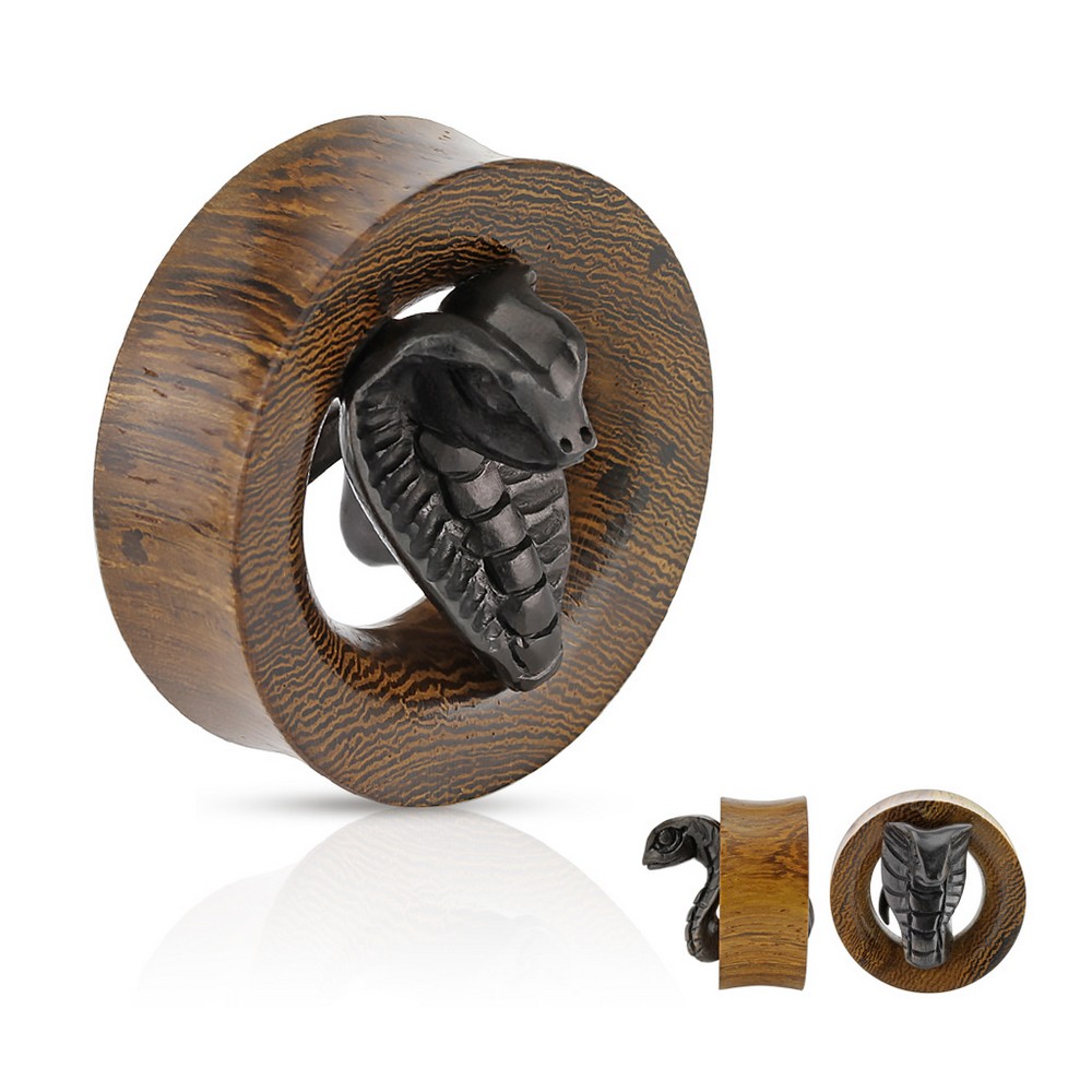 Plug tunnel Cobra en bois d'ébène sculpté à la main à l'intérieur de en bois Serpent Organique