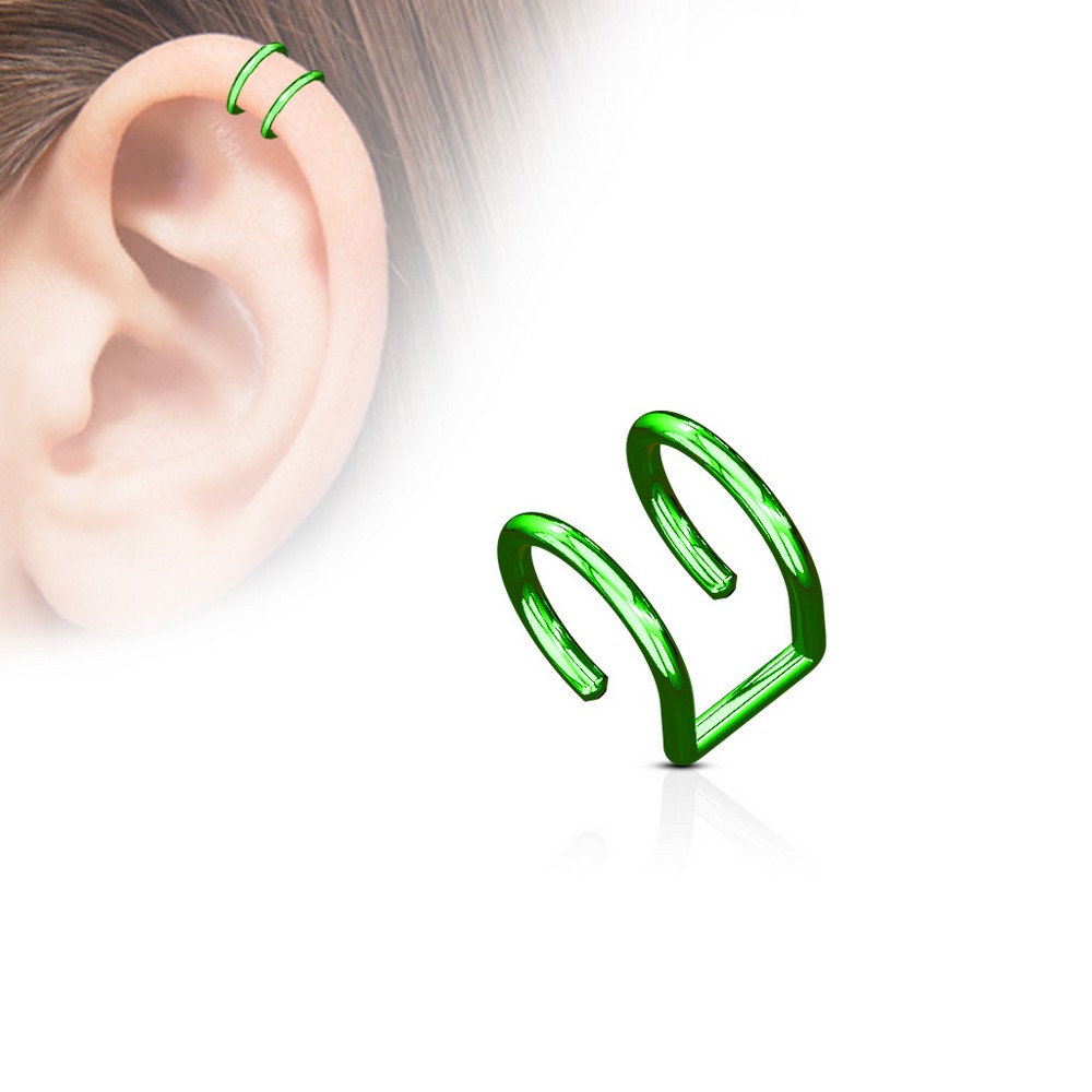 Faux piercing oreille Anneau de fermeture double IP sur Titane Acier chirurgical 316L  - vert