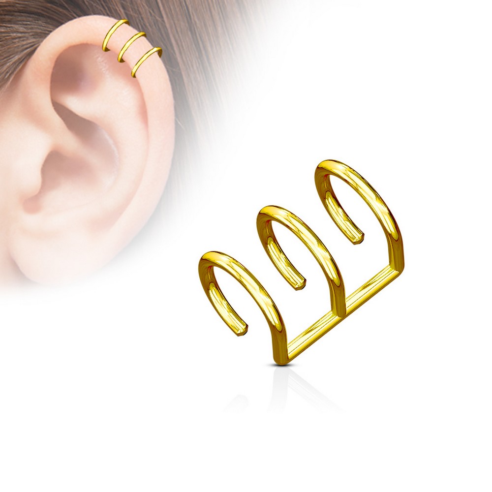 Faux piercing oreille Fermeture Triple Ring Titanium IP sur Acier chirurgical 316L   - Gold