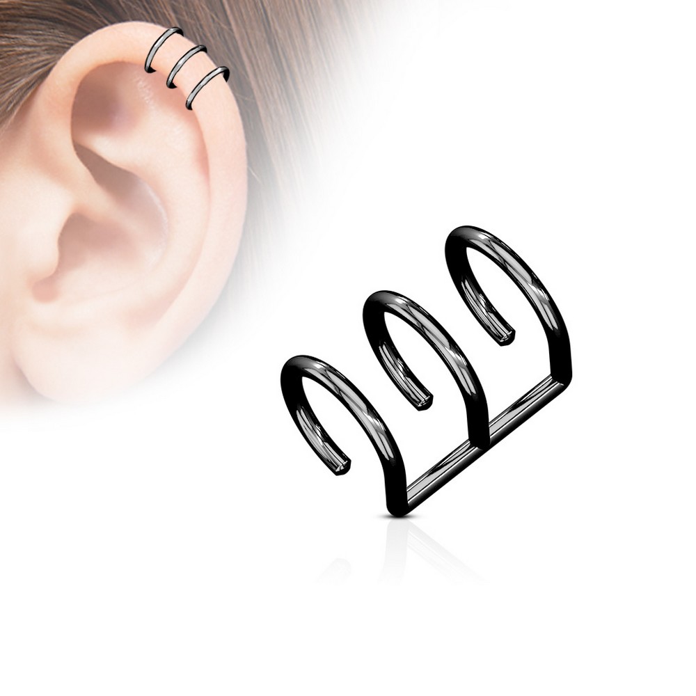 Faux piercing oreille Fermeture Triple Ring Titanium IP sur Acier chirurgical 316L   - noir