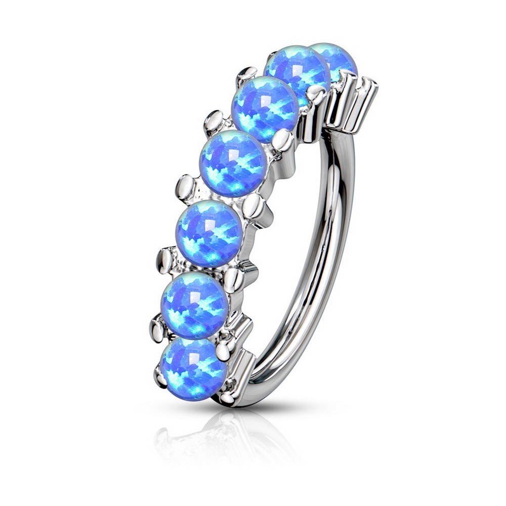 Piercing anneau pour cartilage, arcade, nez 7 opal bordée en acier chirurgical 316L - Opal bleu