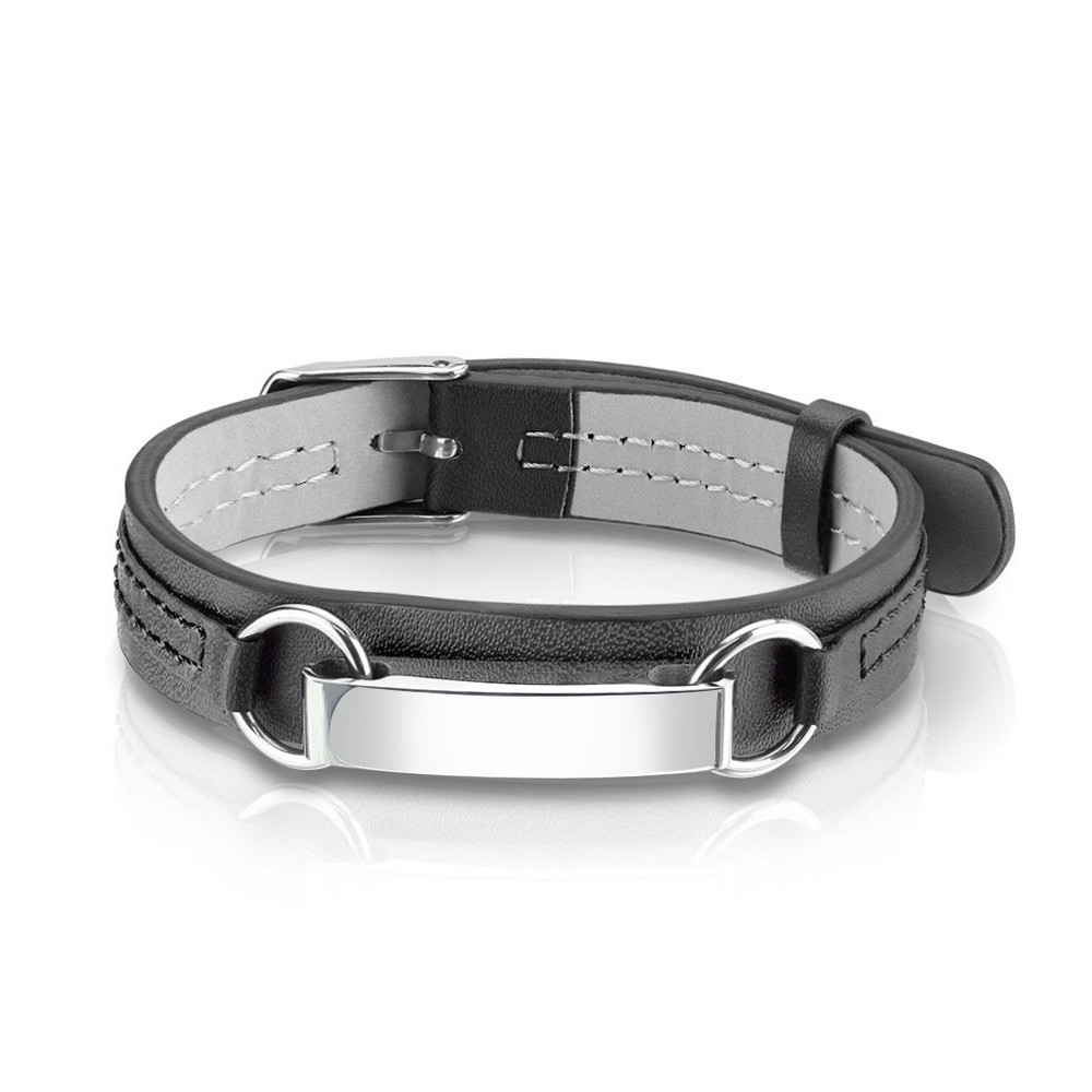 Bracelet argent poli plaque id cuir noir avec boucle de fermeture style - Steel
