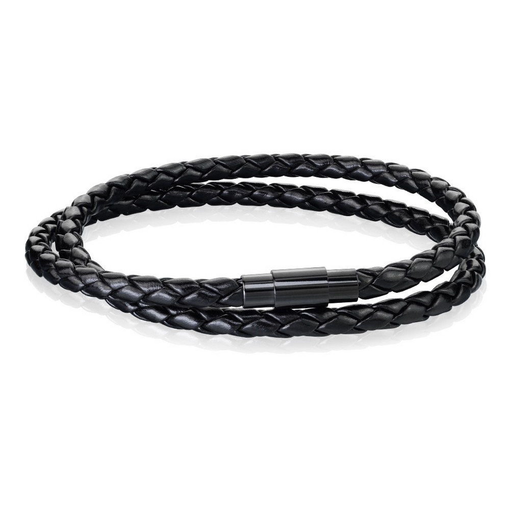 Bracelet wrap double cordon tressé noir bolo noir avec boucle déployante en acier inoxydable 
