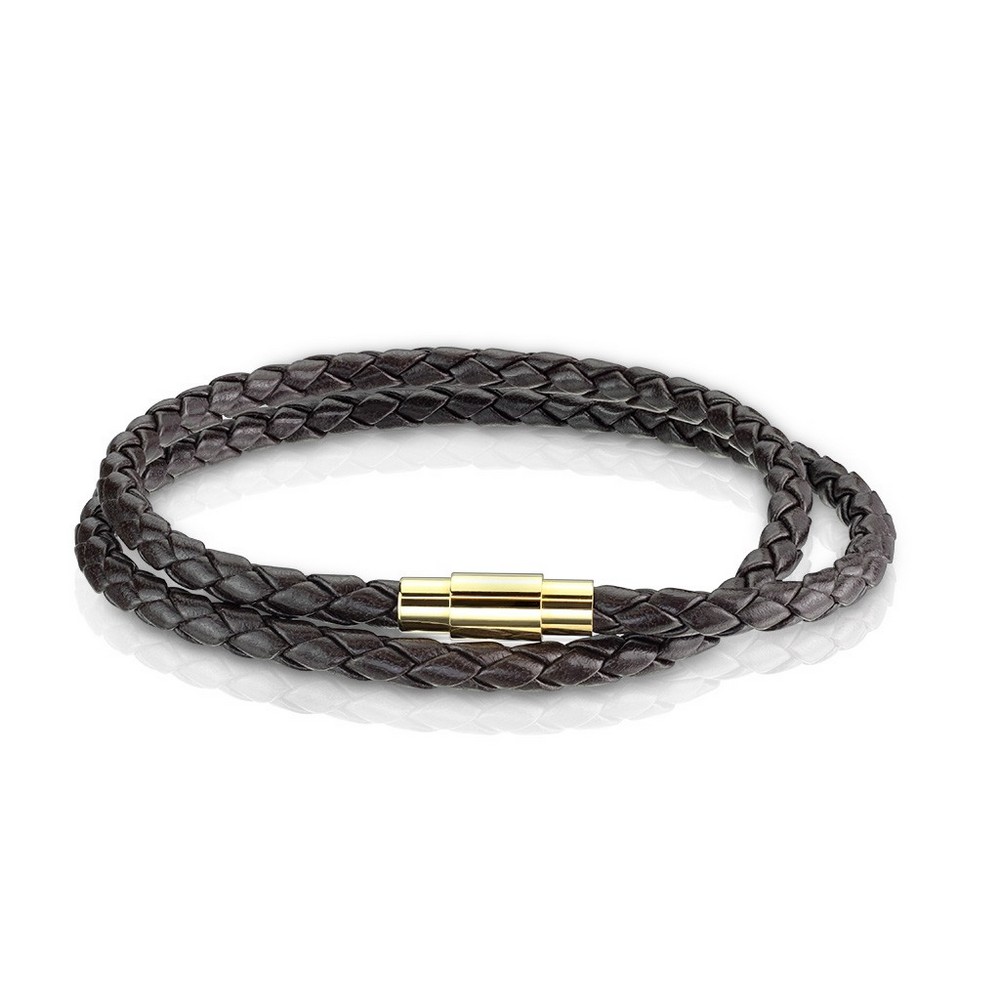 Bracelet wrap double cordon tressé brun foncé bolo gold ip avec fermoir en acier inoxydable 