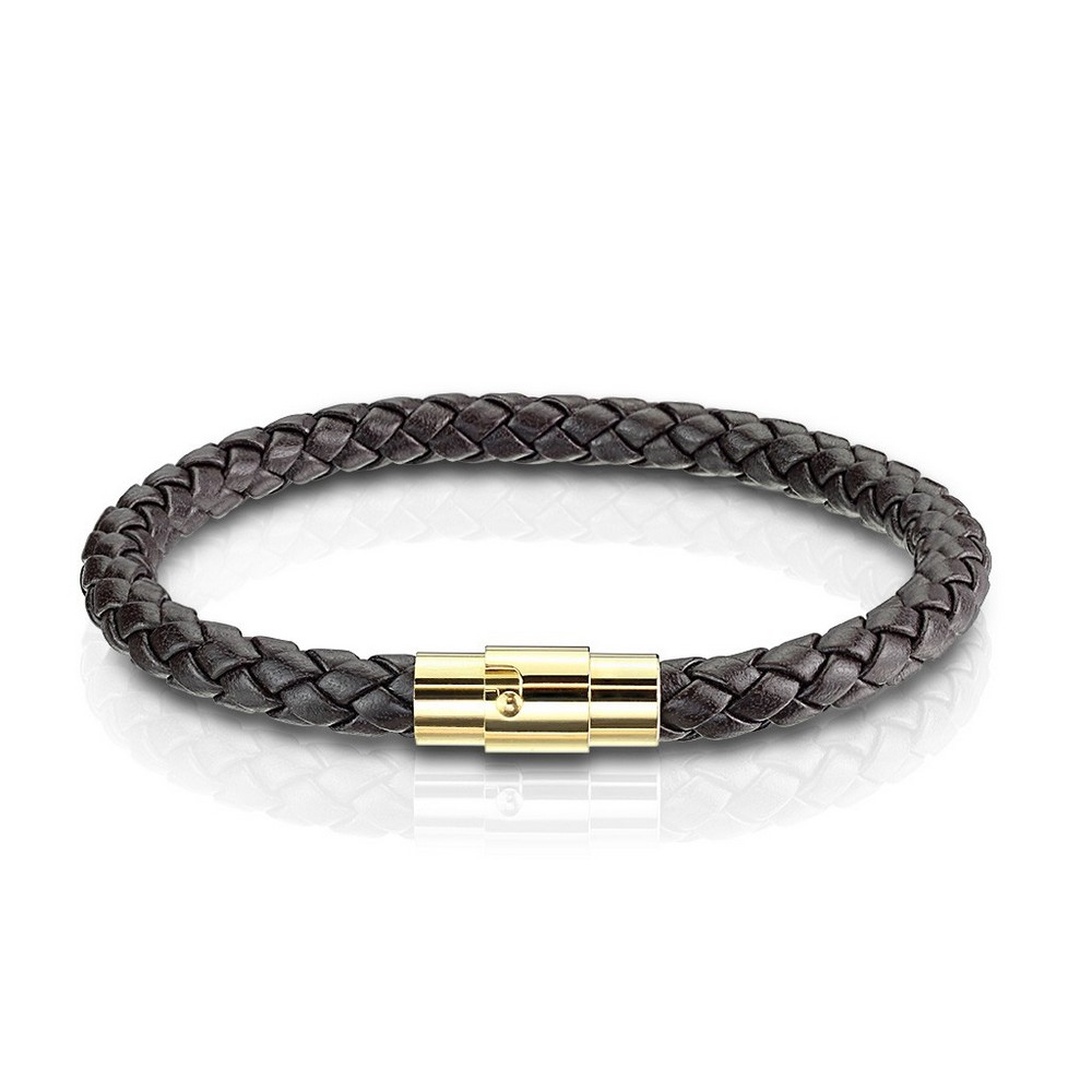 Bracelet bolo brun foncé avec cordon tressé en acier inoxydable magnétique ip gold 