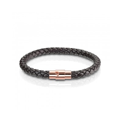 Bracelet en cuir Cordon tressé Bolo brun foncé avec fermoir magnétique or rose IP 