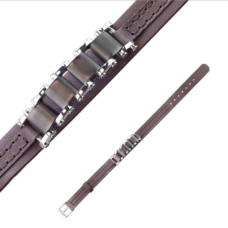 Bracelet chaîne de vélo noir sur bracelet en cuir beige avec boucle de fermeture style - noir