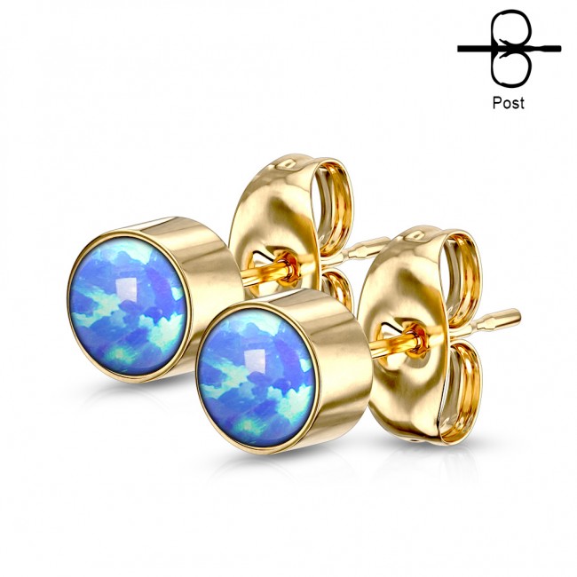 Paire de boucles d'oreille lunette sertie d'Opale ronde - Gold/opale bleu