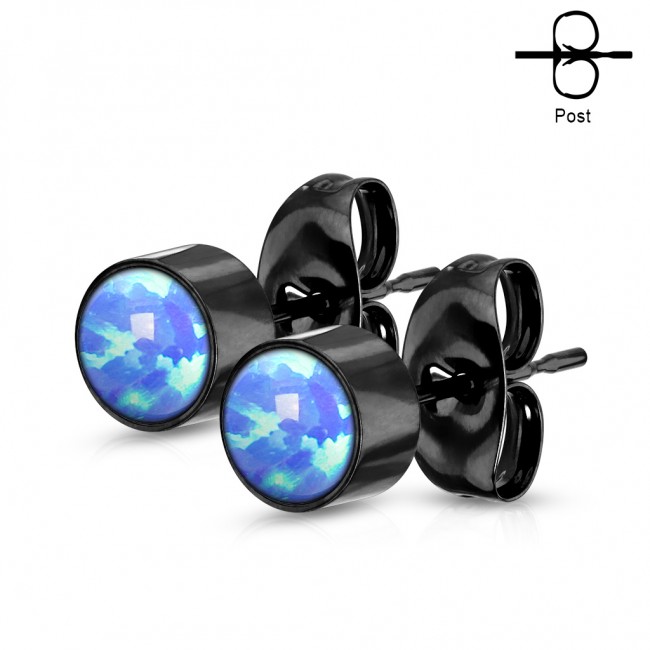 Paire de boucles d'oreille lunette sertie d'Opale ronde - noir/opale bleu