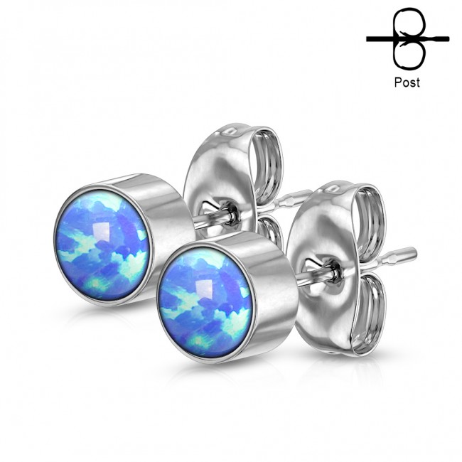 Paire de boucles d'oreille lunette sertie d'Opale ronde - Steel/opale bleu