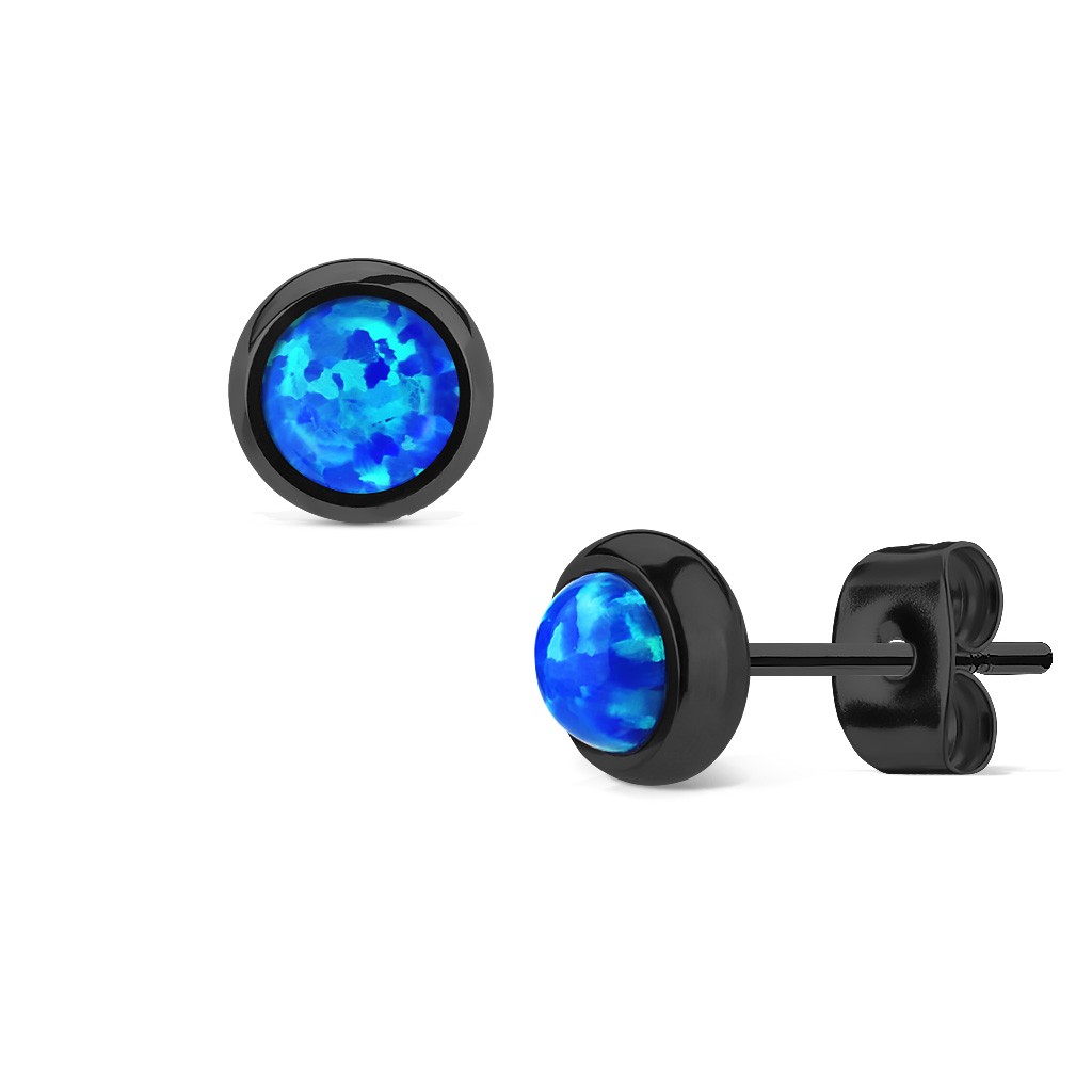 Paire de boucles d'oreille lunette sertie d'Opale sur IP Noir - Opal bleu
