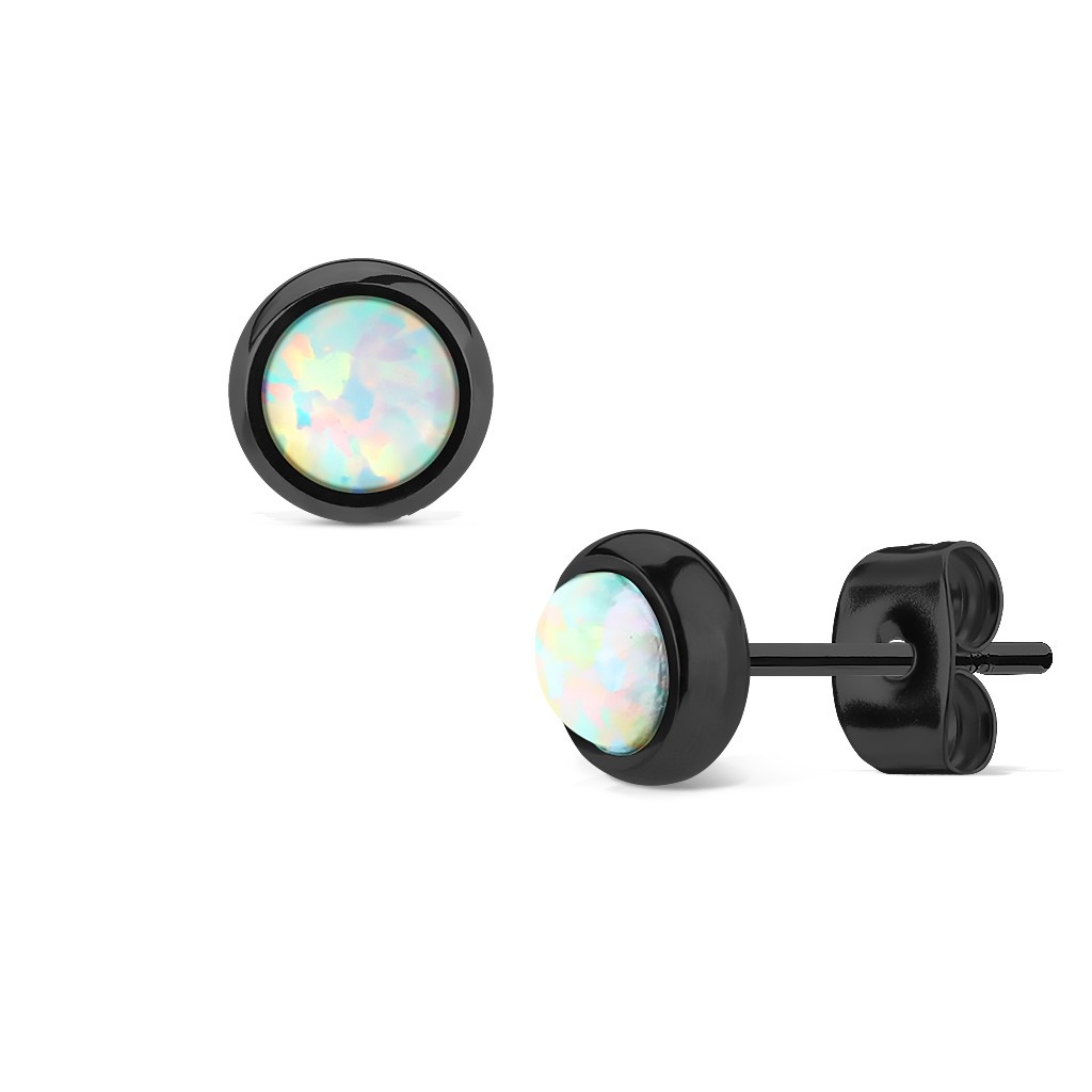 Paire de boucles d'oreille lunette sertie d'Opale sur IP Noir - Opal blanc