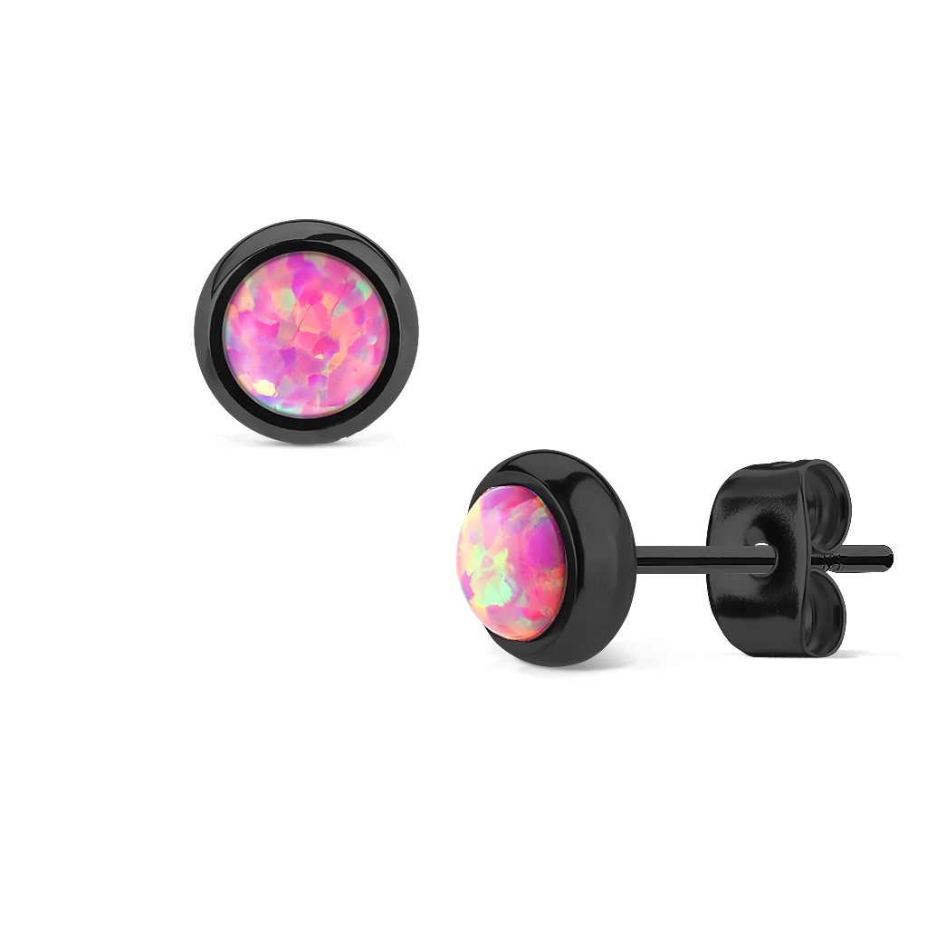Paire de boucles d'oreille lunette sertie d'Opale sur IP Noir - Opal rose