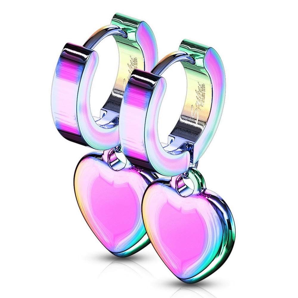 Paire de boucles d'oreille avec coeur charnières en acier inoxydable 316L - Rainbow