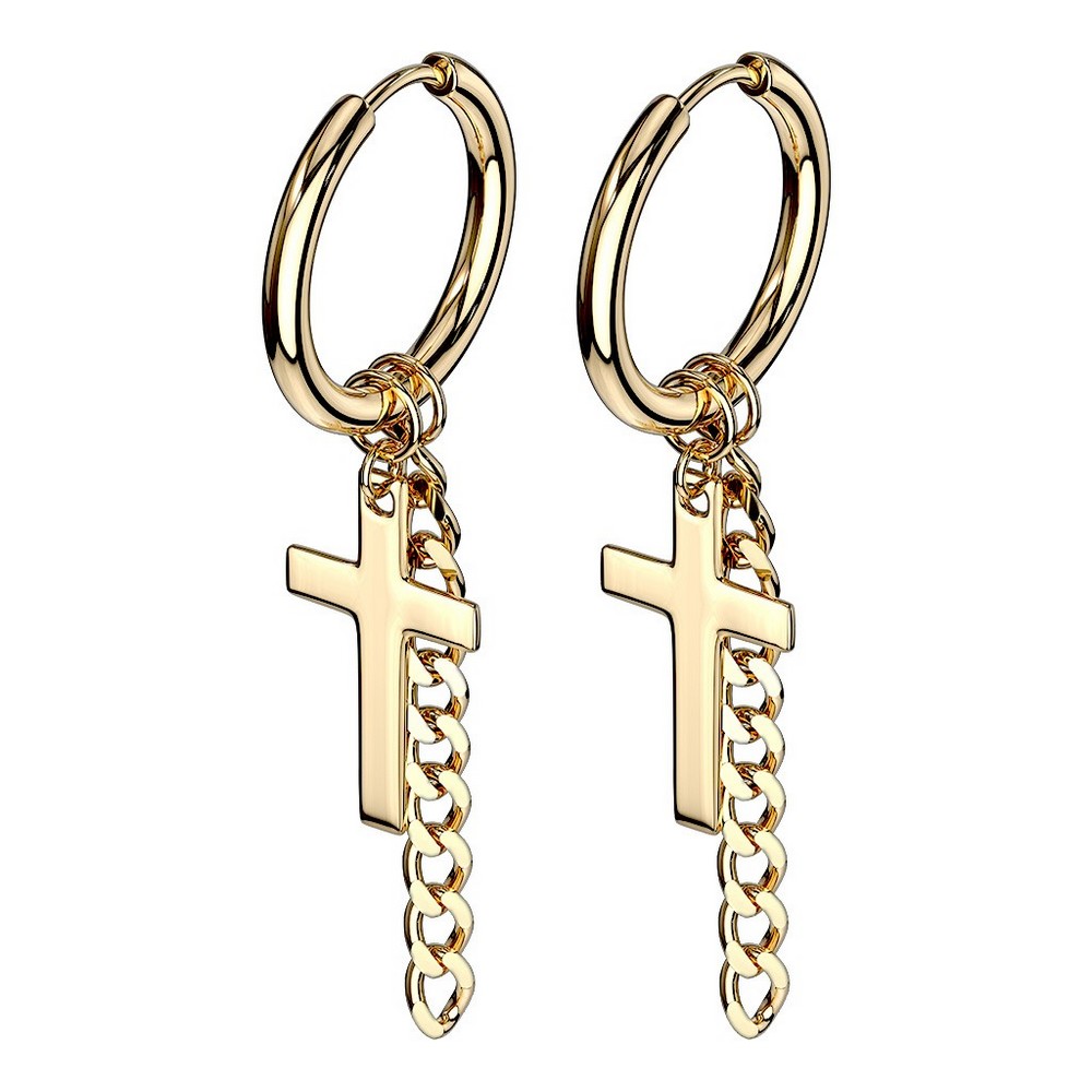 Paire de boucles d'oreille croix et dangle chaîne charnière en acier inoxydable 316L - Gold