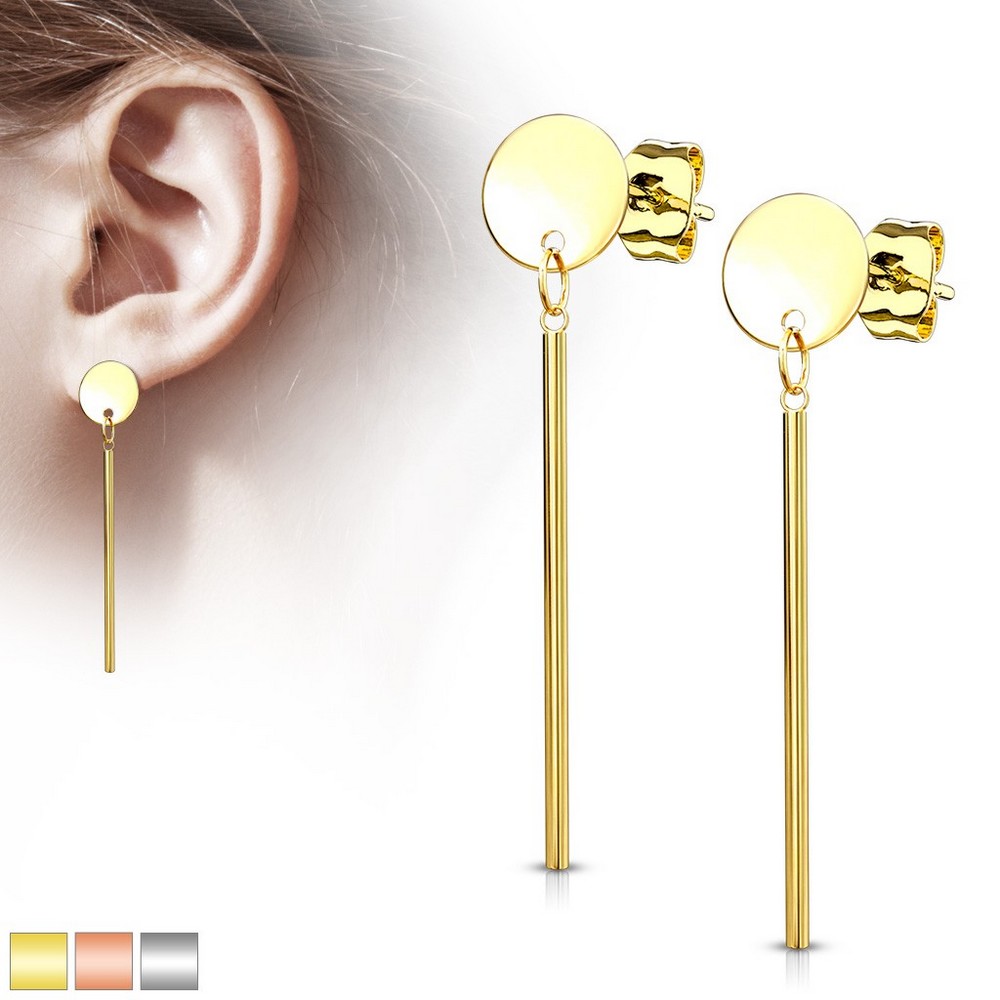 Paire de boucles d'oreille plaque ronde avec ballants bar 316L - Gold