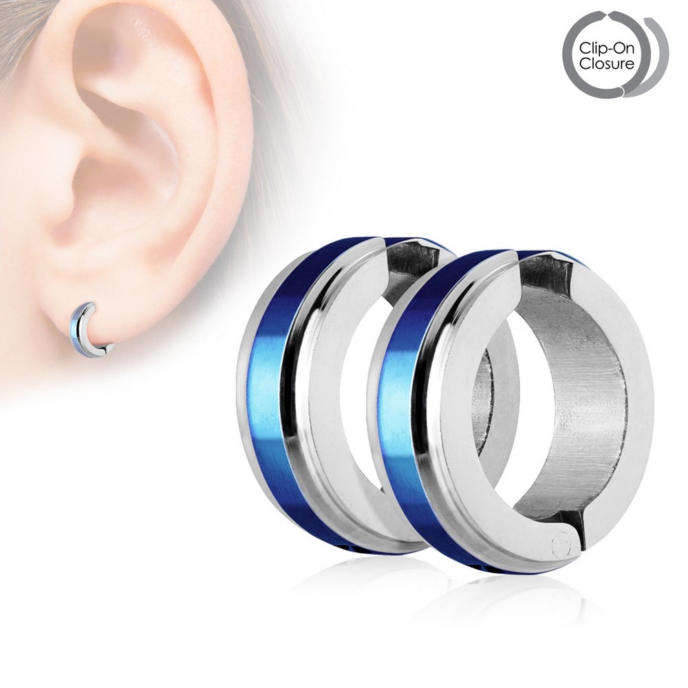 Paire de boucles d'oreille clip Centre et bords à épaulement IP - bleu