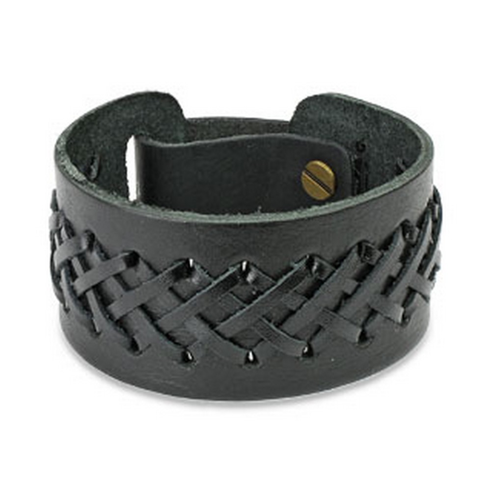 Bracelet de cuir noir avec double tissés Tresses X