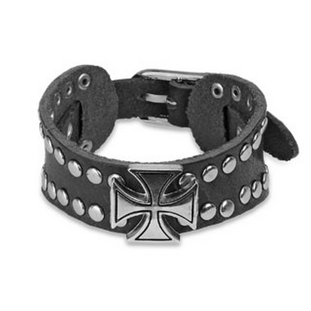 Bracelet en cuir noir avec Croix celtique et Multi goujons Dome