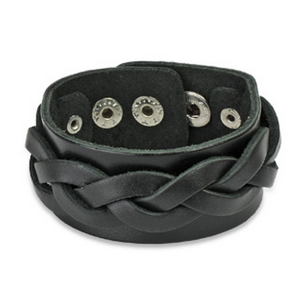 Bracelet de cuir noir avec de larges bandes de tissu